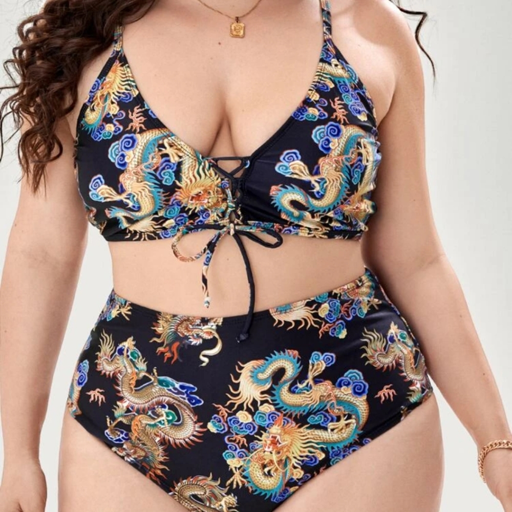 Plus Dragon Lace-Up Front Bikini Swimsuit